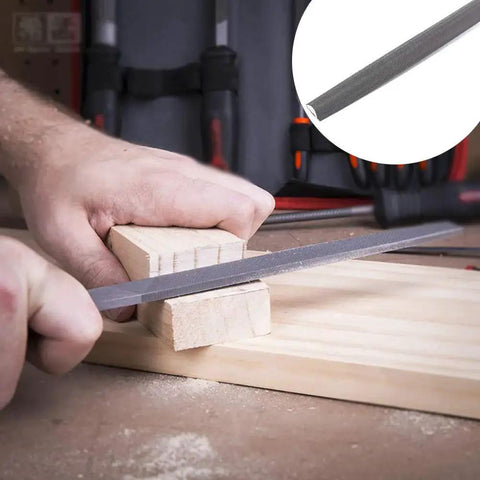 Man using Premium 17-piece file set in a rugged carry case, forged from T12 alloy steel, filing wood with engineer file.