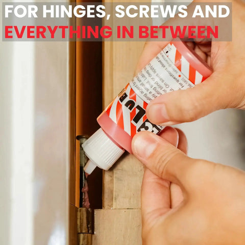 Applying Beefed Up Drilling And Tapping Gel For Metal Cutting Pro Grade Lubricant That Improves Cutting Extends Tool Life And Delivers Cleaner Finishes For Drill And Tap Jobs In Steel Aluminum And Hard Metals Made In USA LubriCut on door hinge