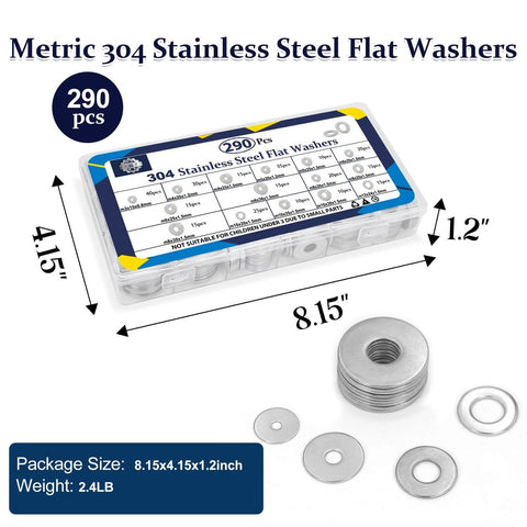 290Pcs Flat Washers, 304 Stainless Steel Fender Washers Assortment, display of sizes with packaging