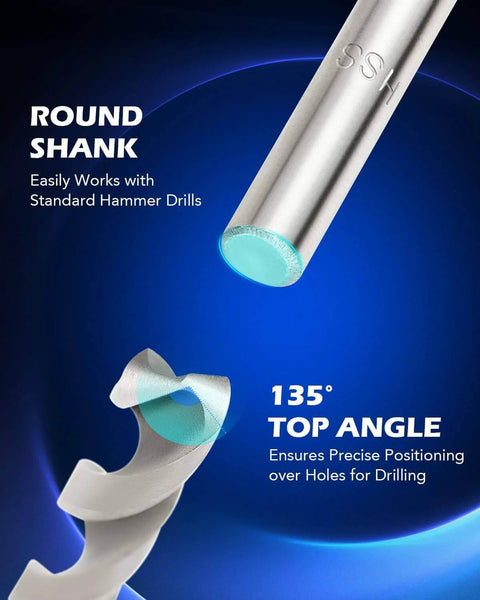 Close-up of HSS drill bit tip for Thread Repair Kit, Metric Helicoil Repair Kit with 135-degree top angle on blue background