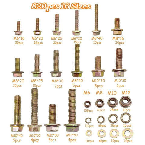 820 Piece Metric Flange Bolt And Nut Kit With Washers Yellow Zinc M6x1.0 M8x1.25 M10x1.5 M12x1.75 16 Sizes assortment