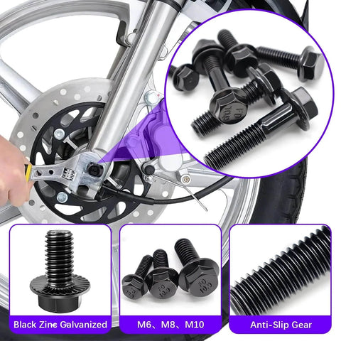Metric Flange Bolt Set 400 Pcs 10.9 Grade M6x1.0 M8x1.25 M10x1.5 Black Hex Bolts Nuts and Washers 12mm To 45mm in motorcycle application.