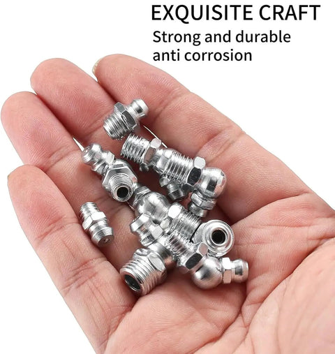 Hand holding 60 Piece Metric Grease Fittings Kit for Grease Guns and Mechanical Lubrication Pro Grade Heavy Duty Zerk Fittings