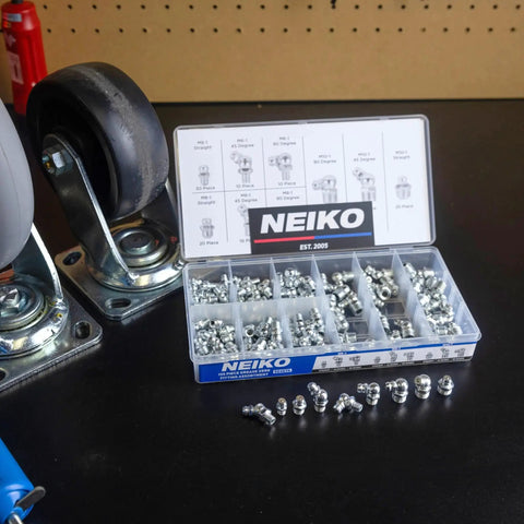 Grease Fittings Kit With 135-Piece Metric Zerk Assortment For M6-1, M8-1, M10-1.5 by NEIKO on workbench with casters