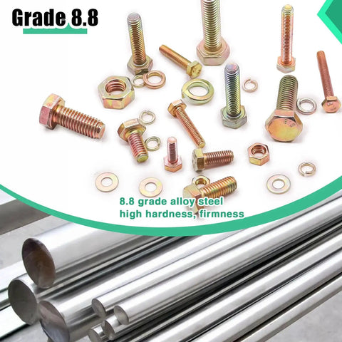 Metric Hex Bolts And Nuts Assortment Kit Grade 8.8 Zinc Plated M4 M5 M6 M8 with washers displayed on metal rods