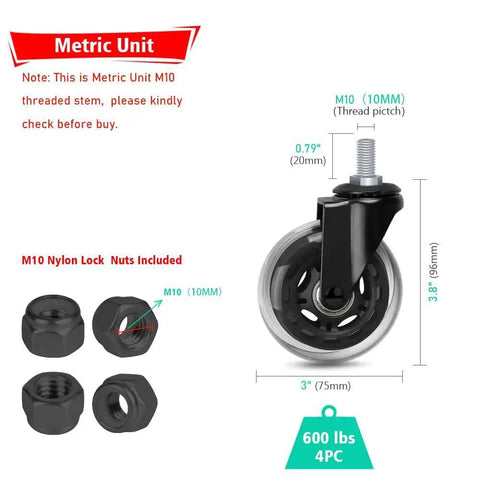 Three Inch Stem Casters Set Of Four With M10 By Twenty Millimeter Metric Threaded Stem Heavy Duty Wheels For Furniture Swivel Castors With Nylon Lock Nuts Quiet Smooth Rolling Up To 500 Lbs Capacity