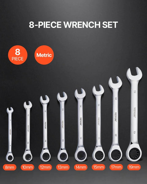 Go To Eight Piece Metric Ratcheting Wrench Set With Organizer Rack Cr V Steel 8 mm to 19 mm shown front view