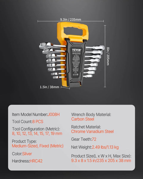 Go To Eight Piece Metric Ratcheting Wrench Set With Organizer Rack Cr V Steel 8 Mm To 19 Mm 72 Tooth Ratcheting Quick Release