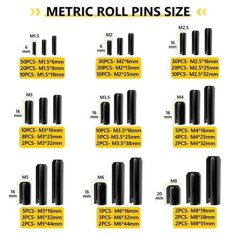 Chart showing sizes of 274 Piece Roll Pin Set Slotted Metric Pins 65Mn Steel M1.5 M2 M2.5 M3 M3.5 M4 M5 M6 M8