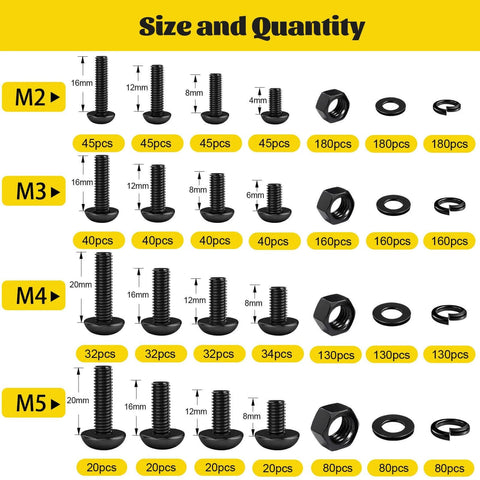 2200 Pcs Metric Screws Assortment Kit with M2 M3 M4 M5 sizes showing screw quantity and dimensions for 3D printing and DIY.