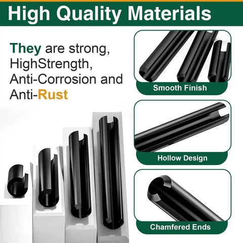 High quality materials of 460 Piece Roll Pin Set Of Slotted Spring Pins In Metric Sizes From M1.5x6 To M6x30 showing smooth finish and hollow design