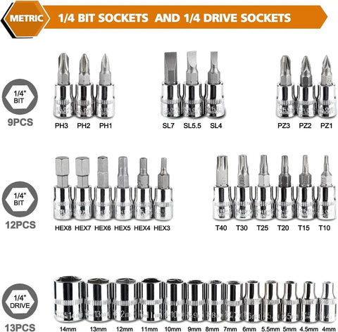 46 Piece One Quarter Inch Drive Socket Ratchet Wrench Set With Bit Sockets Metric Extension Bar And Storage Case For Auto Repair And Household Use Durable Chrome Vanadium Steel Thick Walled Sockets