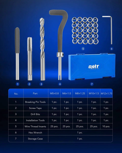 Thread Repair Kit, Metric Helicoil Repair Kit with HSS Drill Bits Thread Inserts Taps, installation tools, and storage case.