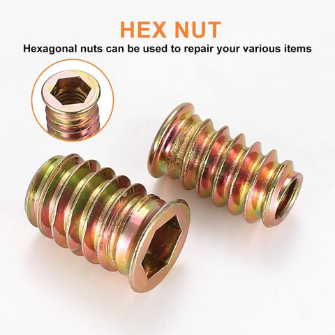 Close-up of hexagonal wood inserts from 200 Piece Metric Threaded Wood Inserts Kit with flanged hex socket for DIY projects, zinc plated finish