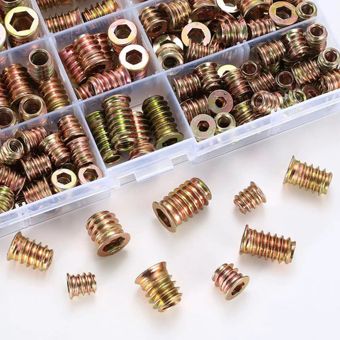 200 Piece Metric Threaded Wood Inserts Kit M4 M5 M6 M8 M10 with flanged hex drive, zinc plated finish for woodworking projects