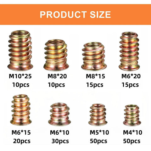 200 Piece Metric Threaded Wood Inserts Kit M4 M5 M6 M8 M10 sizes displayed, flanged hex socket, zinc plated finish