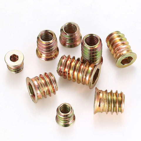 Assorted pieces from 200 Piece Metric Threaded Wood Inserts Kit M4 M5 M6 M8 M10 with flanged hex socket drive zinc plated finish