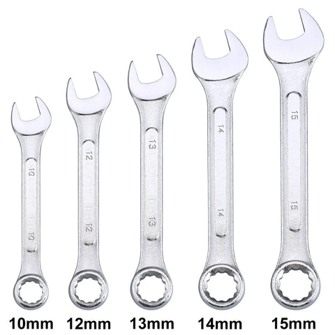 Set of five open-end wrenches from the 175 Piece All Purpose Tool Kit In Durable Toolbox Case For Home Auto Garage Travel Emergency DIY Projects And Everyday Repairs Perfect Housewarming Gift For DIYers, sizes 10mm to 15mm.