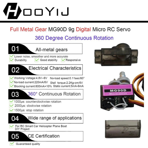 Image detailing 4 Pack MG90D 9g Digital Micro Servo Full Metal Gear 360 Degree Continuous Rotation features and specs