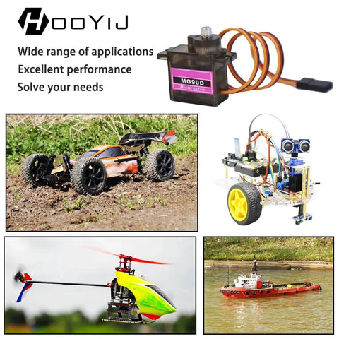 4 Pack MG90D 9g Digital Micro Servo Full Metal Gear 360 Degree Continuous Rotation Mini RC Servos Motor Upgraded SG90 with examples of RC car, robot, helicopter, and boat applications.