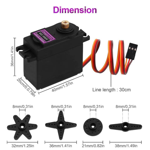 Dimensions of [4-Pack] MG996R 55g Metal Gear Torque Digital Servo Motor for Futaba JR RC Helicopter Car Boat Robot shown with attachments.