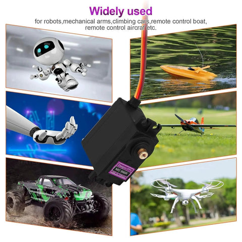 Image of [4-Pack] MG996R 55g Metal Gear Torque Digital Servo Motor in front of various RC applications like robots and vehicles.