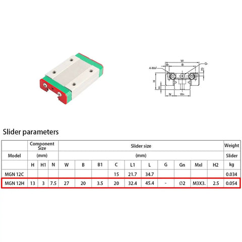 Two Pack Linear Rail Sliding Block HGH12H Guide Rail Slider Bearing For CNC Machines specifications with measurements.