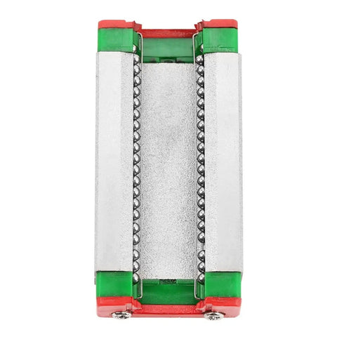 Top view of Mgn9H 100mm Miniature Linear Slide Block 9mm Width Pro Grade With Retainer And Lubrication System, showcasing metal rails and green ends.