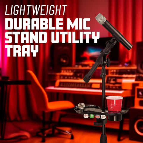 Microphone Stand Accessory Tray With Drink Holder And Guitar Pick Tab For Easy Access During Performances, 12 By 7 Inches, Fits Stands Up To 1.38 Inches Diameter