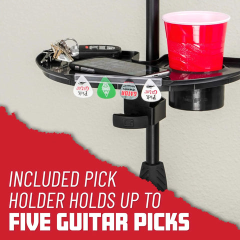 Microphone Stand Accessory Tray with Drink Holder and Guitar Pick Tab for Easy Access During Performances, 12 by 7 Inches, Fits Stands Up to 1.38 Inches Diameter, shown with keys, phone, and cup.