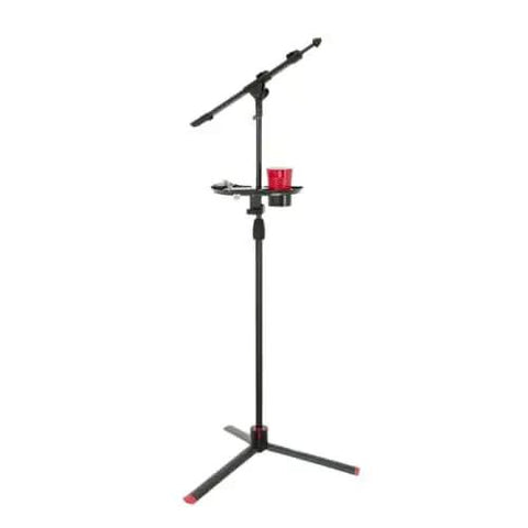 Microphone Stand Accessory Tray With Drink Holder And Guitar Pick Tab For Easy Access During Performances, 12 By 7 Inches, Fits Stands Up To 1.38 Inches Diameter, attached to mic stand with red cup and picks.