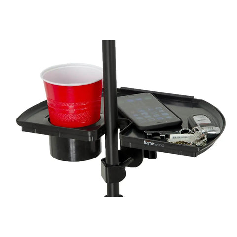 Microphone Stand Accessory Tray With Drink Holder And Guitar Pick Tab For Easy Access During Performances, 12 by 7 inches, installed