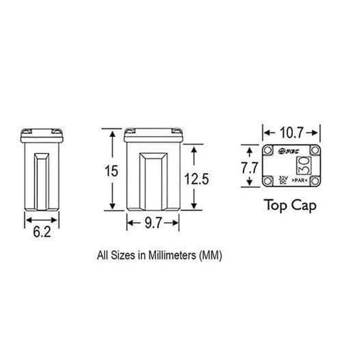 Diagram of 25 Pack Micro Cartridge Fuses Kit 15A 20A 25A 30A 40A MCASE Type For Cars SUVs And Trucks with dimensions in mm.