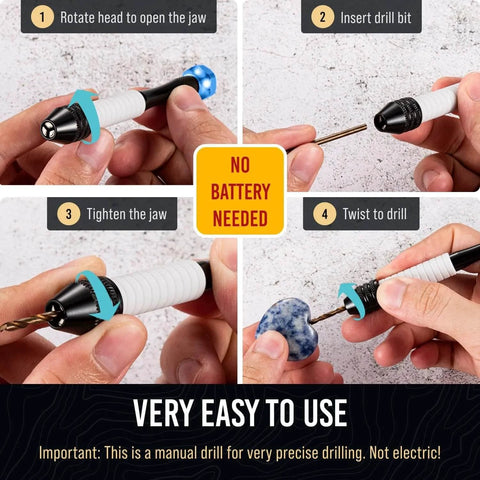 Step-by-step guide using Micro Drill Bits Set With Pin Vise for PCB projects and jewelry making, shows precise manual drilling process.