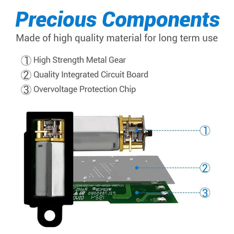 Internal components of 12V Micro Linear Actuator With 1.2 Inch Stroke 64N 14.4Lb Lift, featuring metal gear, circuit board, and protection chip