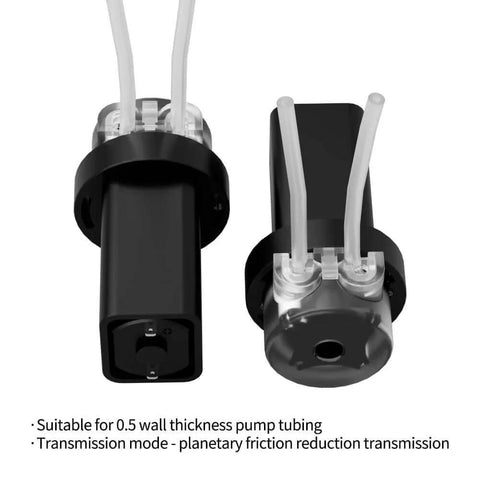 Front and side view of 4ml/min Low Flow Rate mini peristaltic Pump 3.7V dc Motor with 1/16 Straight Through Pagoda Connector