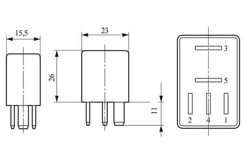 Technical drawing of Changeover Micro Relay With 5 Pins 12 Volt Coil 30 And 10 Amp Rating Single Pole Automotive Relay For Ride Electronics.