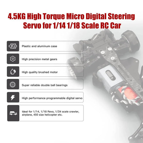 4.5kg high torque micro digital steering servo for 1/14 1/18 scale RC car with plastic and aluminum case, installed view