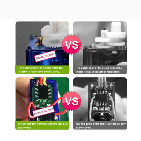 Comparison of motor gears and circuit boards highlighting the 360 Degree Continuous Rotation Micro Servo Motor 9g Servo for RC.
