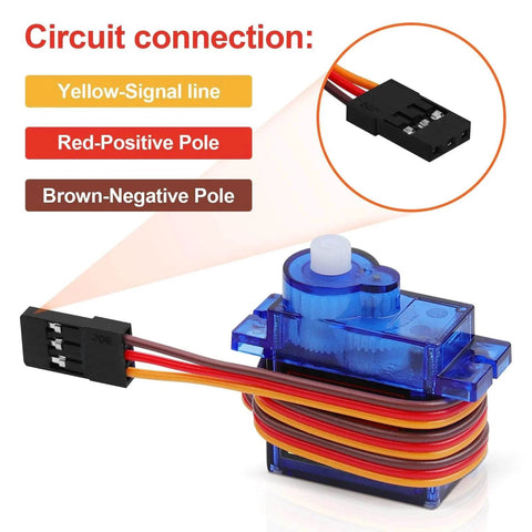 4Pcs SG90 9g Micro Servos for RC Robot Helicopter Airplane Controls Car Boat, showing circuit connection with colored wires