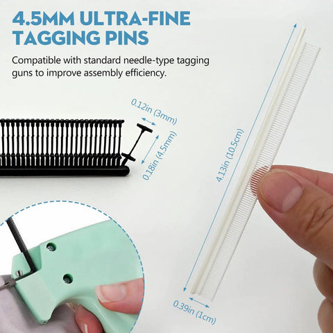 4.5mm ultra-fine tagging pins compatible with needle-type tagging guns, showing dimensions and fasteners held by hand