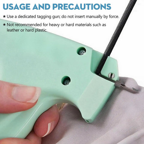 Close-up of a tagging process using a mini stitch gun with a 2000 PCS Micro Stitch Gun Fasteners Kit 0.18 Inch Extra Fine Tagging Fasteners.