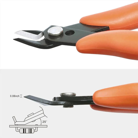 Micro Wire Cutter Pliers Precision Flush Cutter For Jewelry Making with 25° angled head and orange handles, side view.