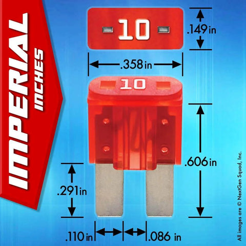 10A fuse from 50 Piece All In One Grab-and-Go Automotive Fuse Kit With Micro 2 Blade Fuses And Fuse Puller, showing dimensions