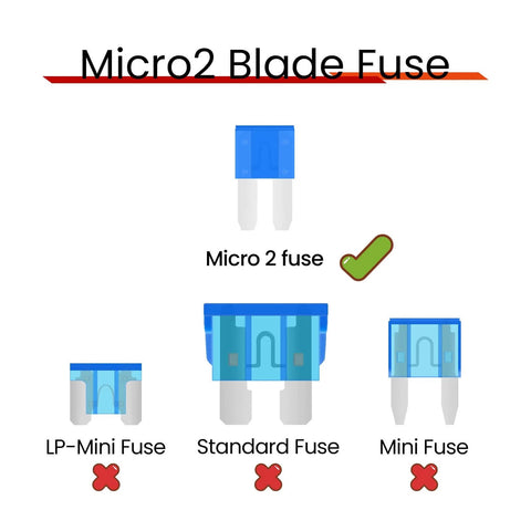 Diagram showing Micro2 blade fuse with check mark, compared to LP-Mini, Standard, and Mini fuses with cross marks.
