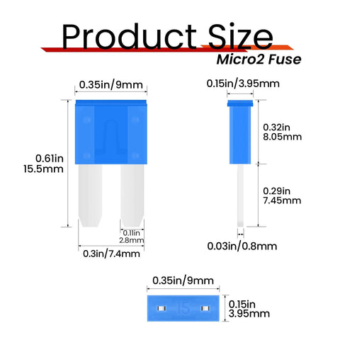 Dimension guide for Micro2 fuse, showing measurements for height 0.61in/15.5mm, width 0.35in/9mm, and thickness 0.15in/3.95mm.