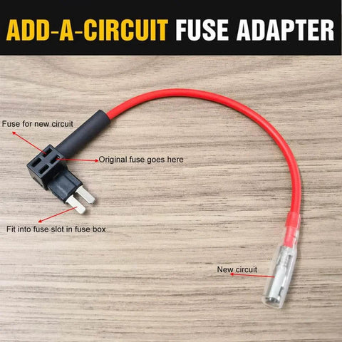 Add-A-Circuit Micro2 Fuse Tap Kit With 4 Fuse Tap Holders And 6 Micro2 Fuses 5A 10A 15A Plus Fuse Puller And Wire Harness For 12V To 24V Automotive Electrical System Easy Piggyback Power Tapping, red wire with fuse holder on wooden surface.