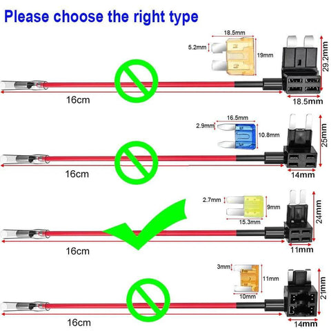 Diagram showing All In One Micro2 Fuse Tap Kit For 12V 24V Vehicles With Wire Harness And Blade Holder, dimensions and types highlighted