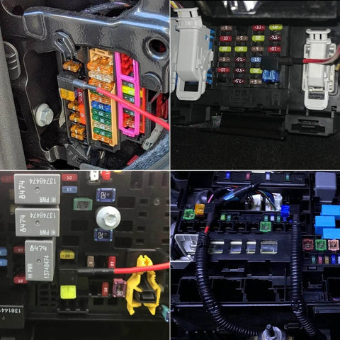 Installed Add-A-Circuit Micro2 Fuse Tap Kit in automotive fuse boxes with fuse holders and wire harnesses for 12V to 24V systems.