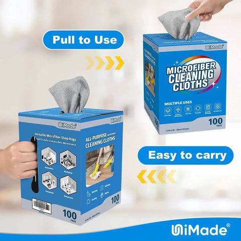Box of Microfiber Cleaning Cloths 100 Sheets 11x9 Grey Lint Free For Garage Auto Care, with a hand pulling a cloth out.